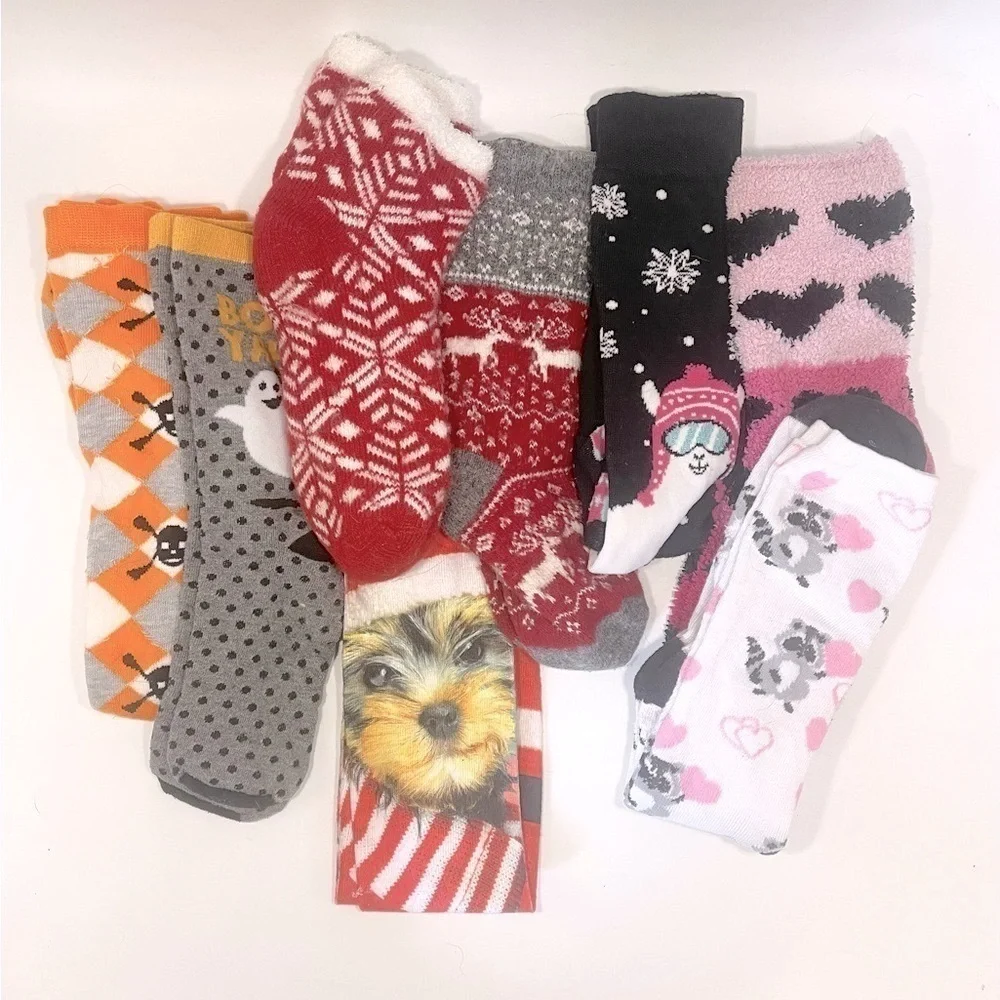 Lot of 8 Holiday Socks Christmas Valentines Halloween llama raccoon skull yorkie